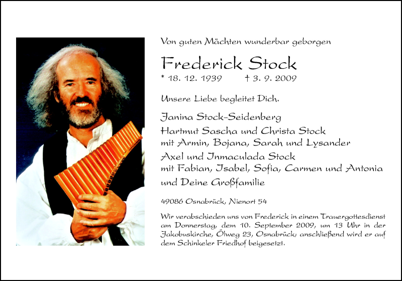  Traueranzeige für Frederick Stock vom 05.09.2009 aus Neue Osnabrücker Zeitung GmbH & Co. KG