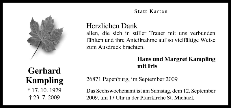  Traueranzeige für Gerhard Kampling vom 09.09.2009 aus Neue Osnabrücker Zeitung GmbH & Co. KG