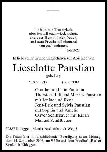 Traueranzeige von Lieselotte Paustian von Neue Osnabrücker Zeitung GmbH & Co. KG