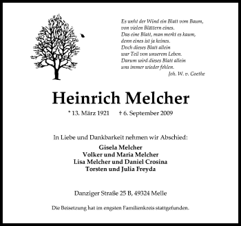 Traueranzeige von Heinrich Melcher von Neue Osnabrücker Zeitung GmbH & Co. KG
