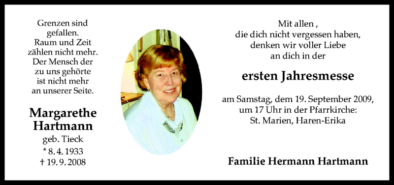  Traueranzeige für Margarete Hartmann vom 15.09.2009 aus Neue Osnabrücker Zeitung GmbH & Co. KG