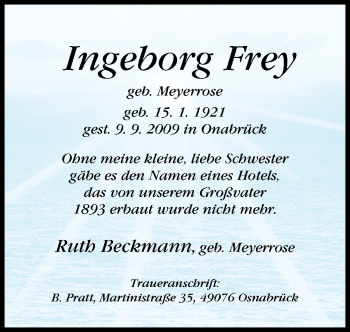 Traueranzeige von Ingeborg Frey von Neue Osnabrücker Zeitung GmbH & Co. KG
