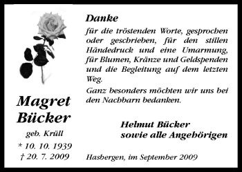 Traueranzeige von Bücker Magret von Neue Osnabrücker Zeitung GmbH & Co. KG