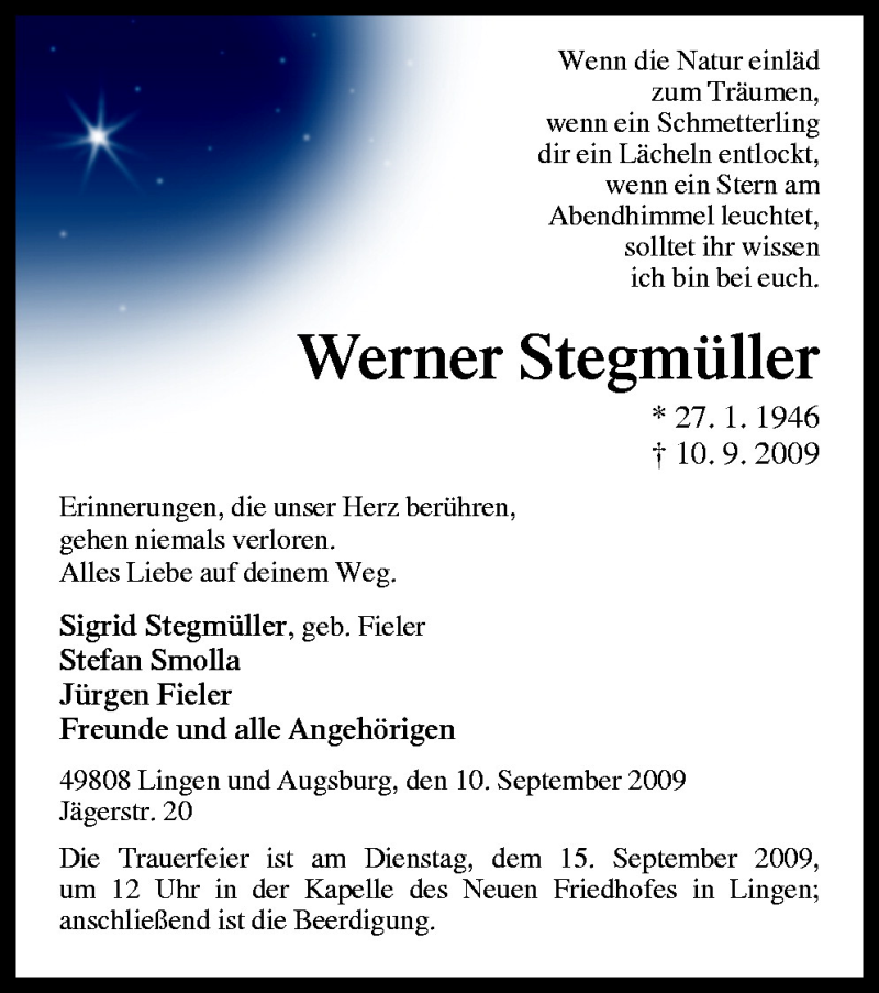  Traueranzeige für Werner Stegmüller vom 12.09.2009 aus Neue Osnabrücker Zeitung GmbH & Co. KG