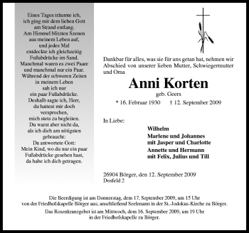 Traueranzeige von Anni Korten von Neue Osnabrücker Zeitung GmbH & Co. KG