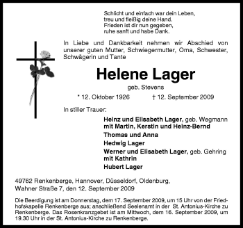 Traueranzeige von Helene Lager von Neue Osnabrücker Zeitung GmbH & Co. KG