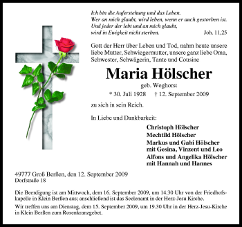 Traueranzeige von Maria Hölscher von Neue Osnabrücker Zeitung GmbH & Co. KG