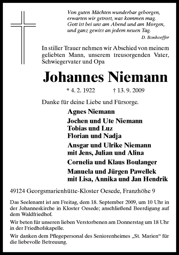  Traueranzeige für Johannes Niemann vom 15.09.2009 aus Neue Osnabrücker Zeitung GmbH & Co. KG