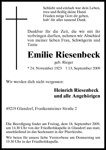 Traueranzeige von Emilie Riesenbeck von Neue Osnabrücker Zeitung GmbH & Co. KG