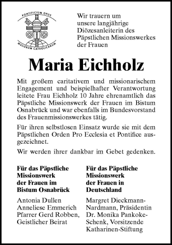 Traueranzeige von Maria Eichholz von Neue Osnabrücker Zeitung GmbH & Co. KG