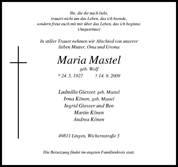 Traueranzeige von Maria Mastel von Neue Osnabrücker Zeitung GmbH & Co. KG