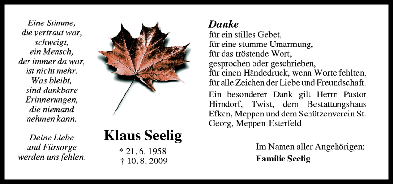  Traueranzeige für Klaus Seelig vom 21.09.2009 aus Neue Osnabrücker Zeitung GmbH & Co. KG