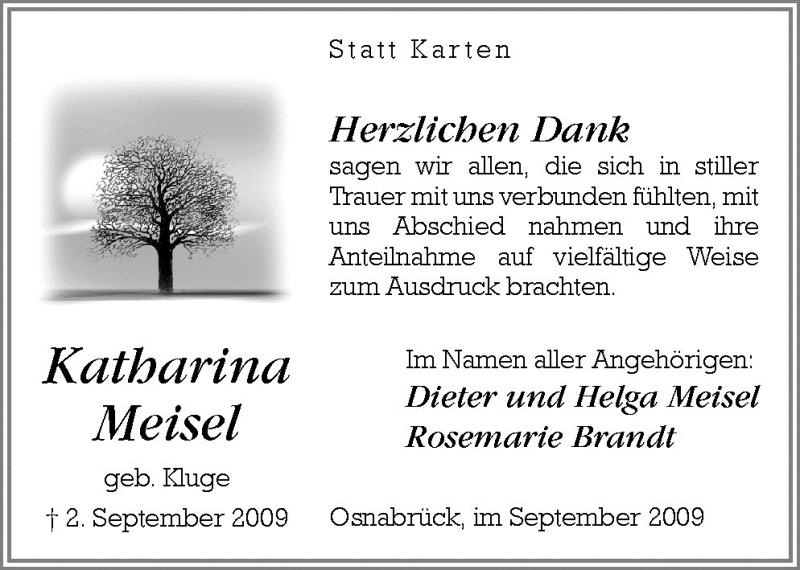  Traueranzeige für Katharina Meisel vom 19.09.2009 aus Neue Osnabrücker Zeitung GmbH & Co. KG
