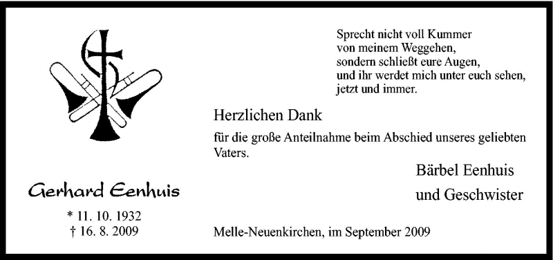  Traueranzeige für Gerhard Eenhuis vom 19.09.2009 aus Neue Osnabrücker Zeitung GmbH & Co. KG