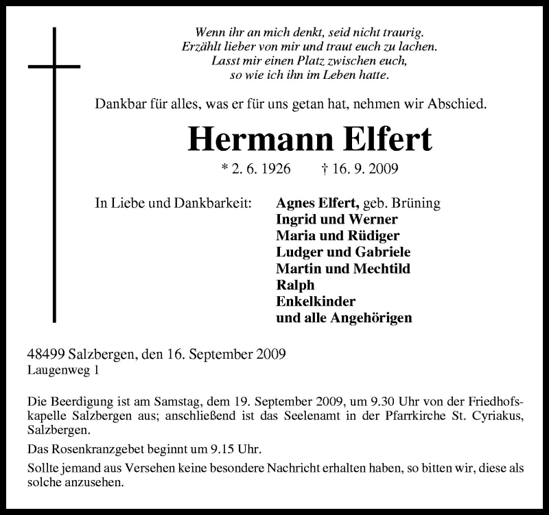  Traueranzeige für Hermann Elfert vom 18.09.2009 aus Neue Osnabrücker Zeitung GmbH & Co. KG