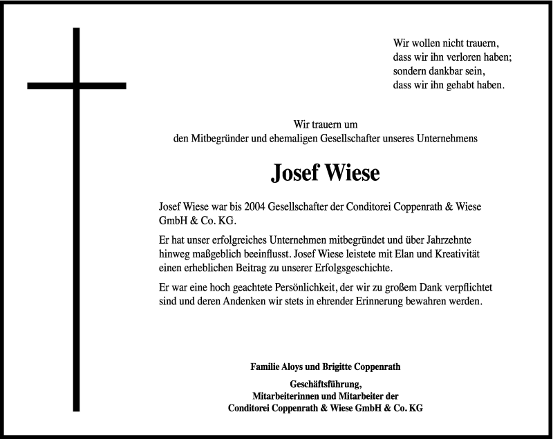  Traueranzeige für Josef Wiese vom 19.09.2009 aus Neue Osnabrücker Zeitung GmbH & Co. KG