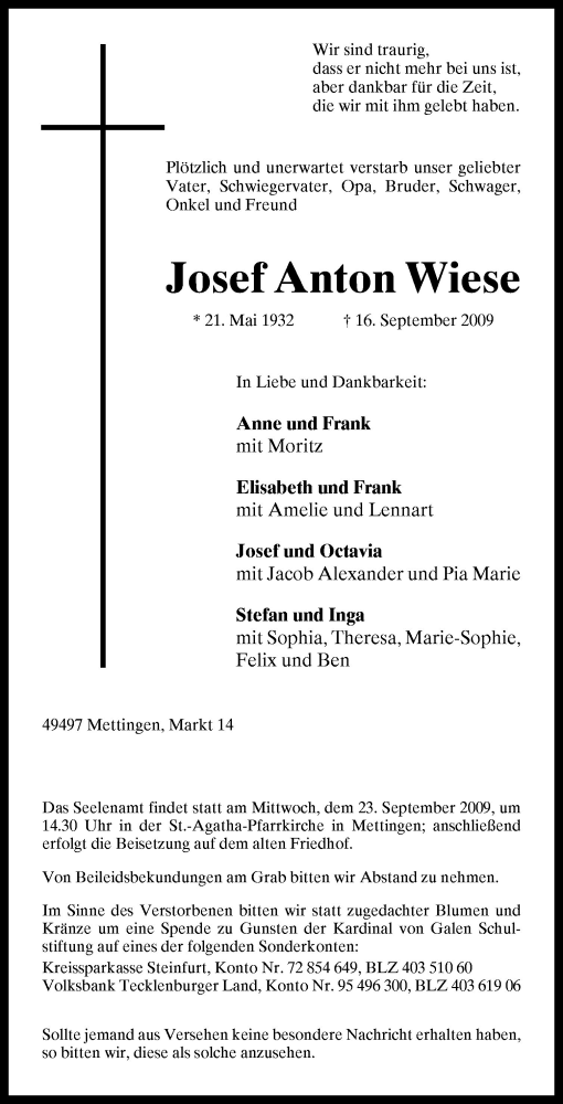  Traueranzeige für Josef Wiese vom 19.09.2009 aus Neue Osnabrücker Zeitung GmbH & Co. KG
