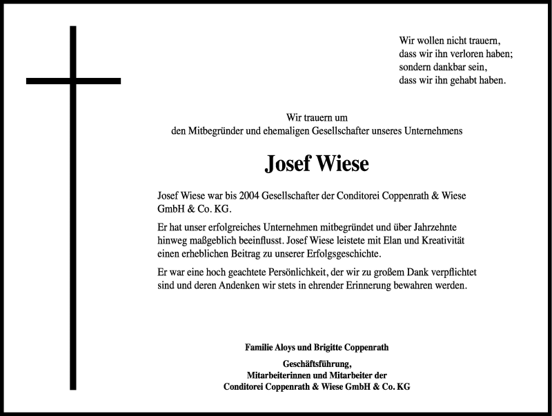  Traueranzeige für Josef Wiese vom 19.09.2009 aus Neue Osnabrücker Zeitung GmbH & Co. KG