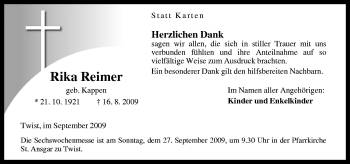 Traueranzeige von Rika Reimers von Neue Osnabrücker Zeitung GmbH & Co. KG