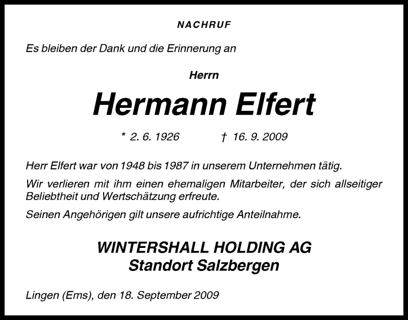  Traueranzeige für Hermann Elfert vom 19.09.2009 aus Neue Osnabrücker Zeitung GmbH & Co. KG