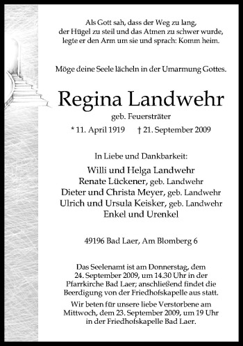 Traueranzeige von Regina Landwehr von Neue Osnabrücker Zeitung GmbH & Co. KG
