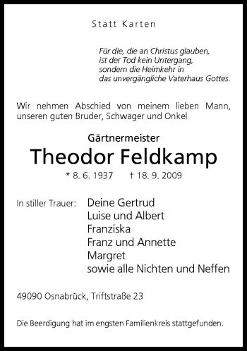 Traueranzeige von Theodor Feldkamp von Neue Osnabrücker Zeitung GmbH & Co. KG