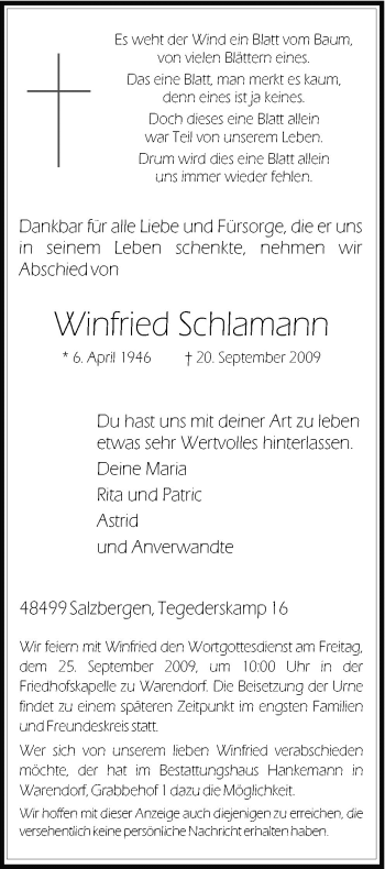 Traueranzeige von Winfried Schlamann von Neue Osnabrücker Zeitung GmbH & Co. KG