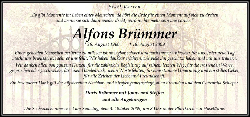  Traueranzeige für Alfons Brümmer vom 30.09.2009 aus Neue Osnabrücker Zeitung GmbH & Co. KG