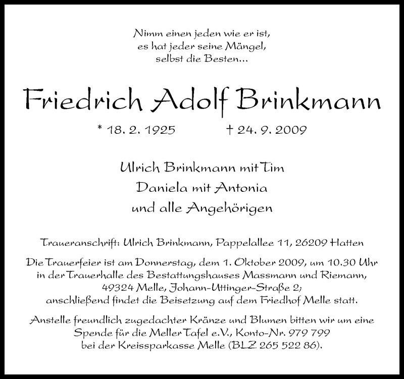  Traueranzeige für Friedrich Adolf Brinkmann vom 28.09.2009 aus Neue Osnabrücker Zeitung GmbH & Co. KG