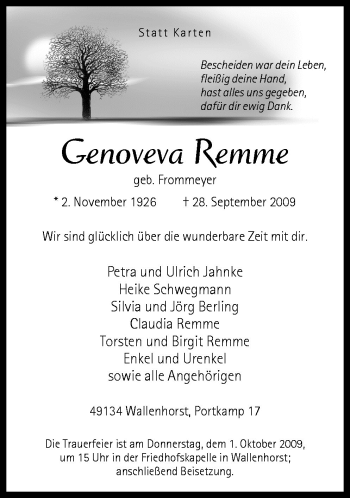Traueranzeige von Genoveva Remme von Neue Osnabrücker Zeitung GmbH & Co. KG