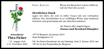 Traueranzeige von Thea Ficker von Neue Osnabrücker Zeitung GmbH & Co. KG