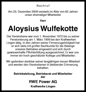Traueranzeige von Aloysius Wulfekotte von Neue Osnabrücker Zeitung GmbH & Co. KG