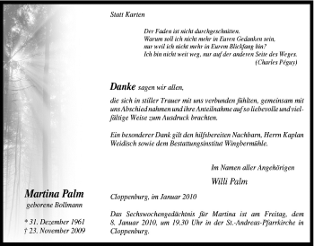 Traueranzeige von Martina Palm von Neue Osnabrücker Zeitung GmbH & Co. KG