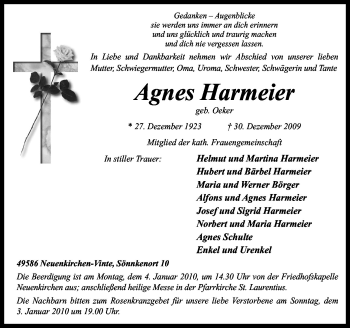Traueranzeige von Agnes Harmeier von Neue Osnabrücker Zeitung GmbH & Co. KG