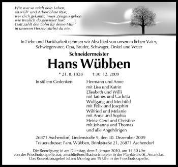 Traueranzeige von Hans Wübben von Neue Osnabrücker Zeitung GmbH & Co. KG