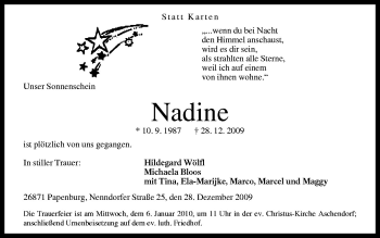 Traueranzeige von Nadine  von Neue Osnabrücker Zeitung GmbH & Co. KG