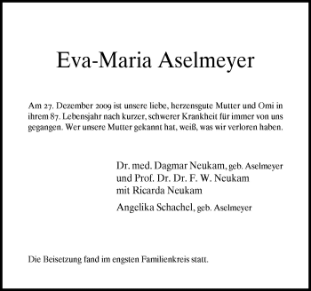 Traueranzeige von Eva-Maria Aselmeyer von Neue Osnabrücker Zeitung GmbH & Co. KG