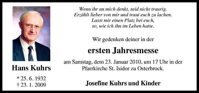  Traueranzeige für Hans Kuhrs vom 19.01.2010 aus Neue Osnabrücker Zeitung GmbH & Co. KG