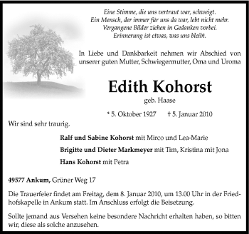 Traueranzeige von Edith Kohorst von Neue Osnabrücker Zeitung GmbH & Co. KG