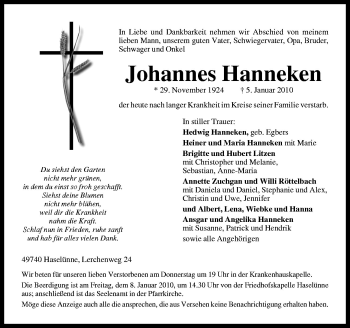 Traueranzeige von Johannes Hanneken von Neue Osnabrücker Zeitung GmbH & Co. KG