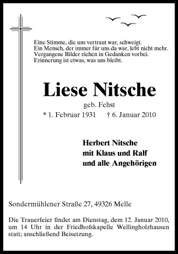 Traueranzeige von Lise Nitsche von Neue Osnabrücker Zeitung GmbH & Co. KG