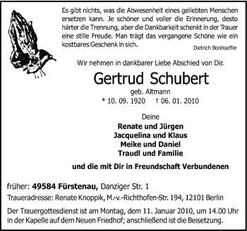 Traueranzeige von Gertrud Schubert von Neue Osnabrücker Zeitung GmbH & Co. KG