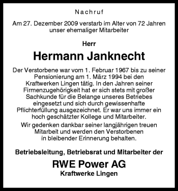 Traueranzeige von Hermann Janknecht von Neue Osnabrücker Zeitung GmbH & Co. KG