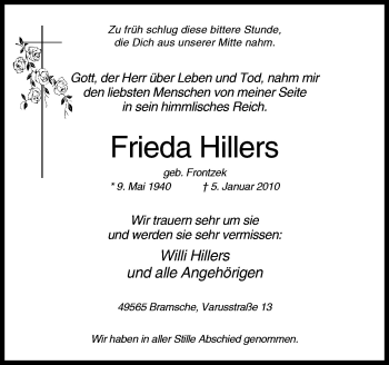 Traueranzeige von Frieda Hillers von Neue Osnabrücker Zeitung GmbH & Co. KG