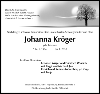 Traueranzeige von Johanna Kröger von Neue Osnabrücker Zeitung GmbH & Co. KG