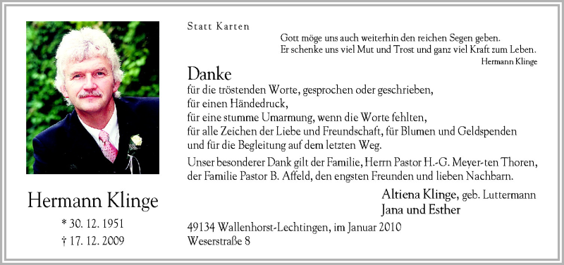  Traueranzeige für Hermann Klinge vom 16.01.2010 aus Neue Osnabrücker Zeitung GmbH & Co. KG