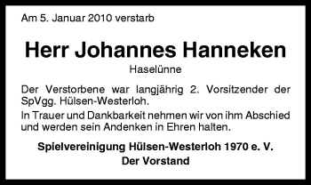 Traueranzeige von Johannes Hanneken von Neue Osnabrücker Zeitung GmbH & Co. KG