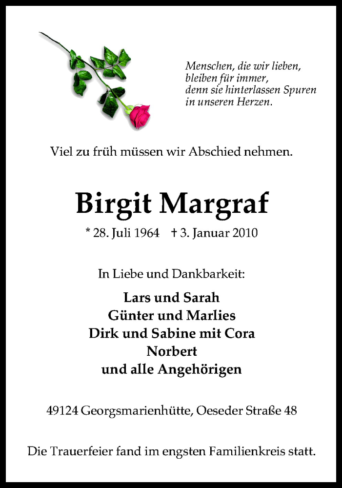  Traueranzeige für Birgit Margraf vom 11.01.2010 aus Neue Osnabrücker Zeitung GmbH & Co. KG