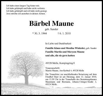 Traueranzeige von Bärbel Maune von Neue Osnabrücker Zeitung GmbH & Co. KG