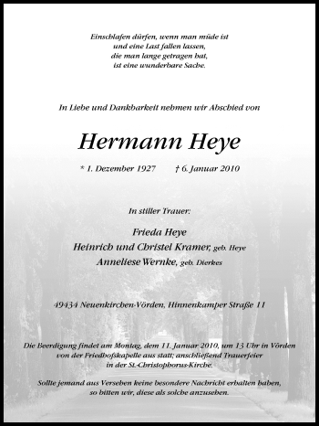 Traueranzeige von Hermann Heye von Neue Osnabrücker Zeitung GmbH & Co. KG